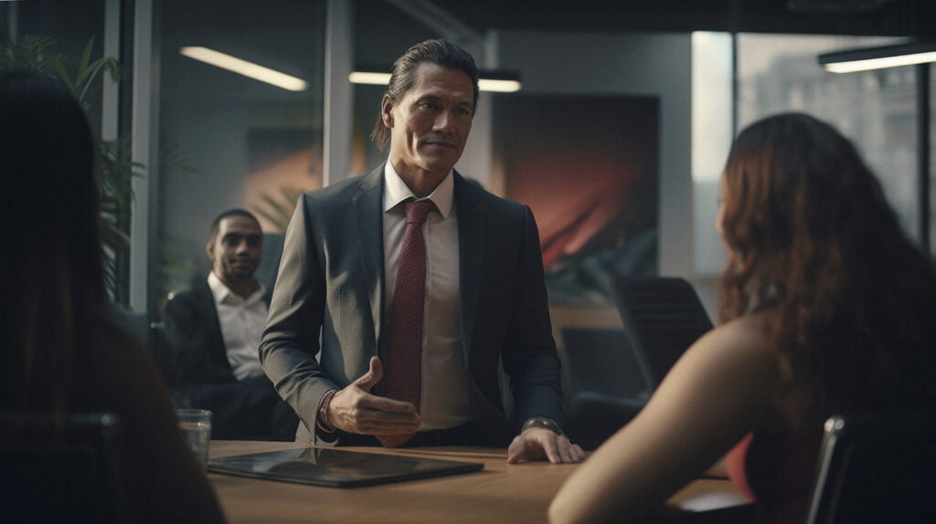 a man in a suit talking to a woman