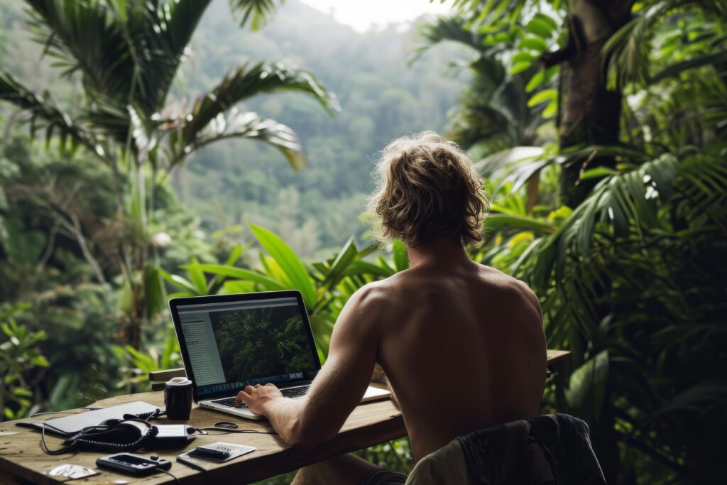 a man sitting at a desk with a laptop